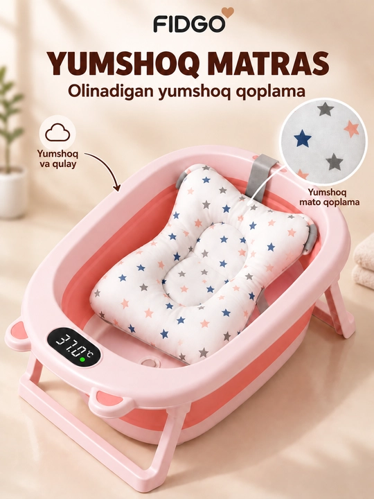 Termometr va cho‘milish uchun yumshoq vkladishli FIDGO bolalar yig‘ma vannasi