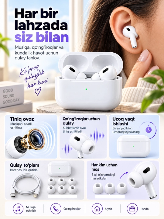 IPods Pro TWS simsiz quloqchin, Bluetooth, mikrofonli, MagSafe zaryadlash qutisi