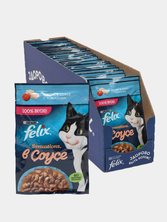 Felix Sensations влажный корм для кошек, треска в соусе с томатами, 75 гр 5 шт - 