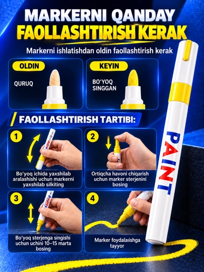 Marker-bo‘yoq, suvga chidamli, turli yuzalar uchun