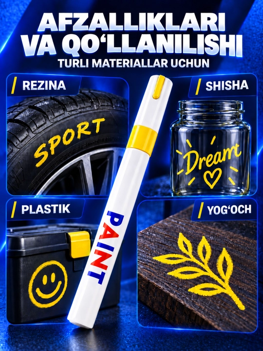 Marker-bo‘yoq, suvga chidamli, turli yuzalar uchun