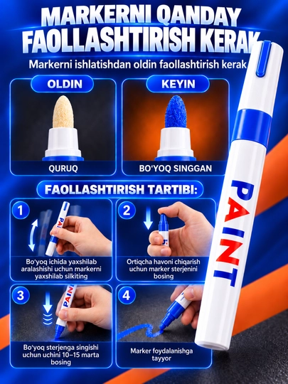 Marker-bo‘yoq, suvga chidamli, turli yuzalar uchun