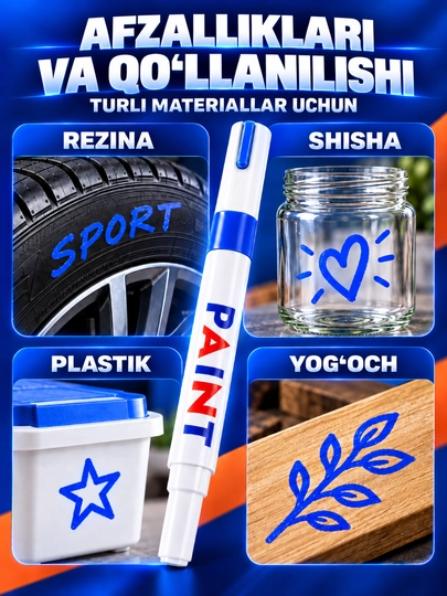Marker-bo‘yoq, suvga chidamli, turli yuzalar uchun
