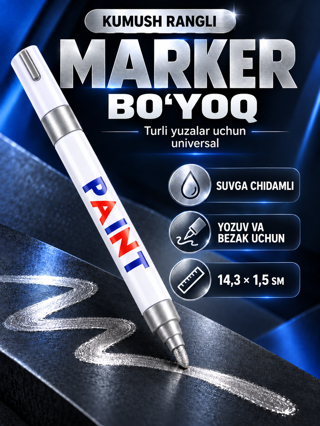 Marker-bo‘yoq, suvga chidamli, turli yuzalar uchun