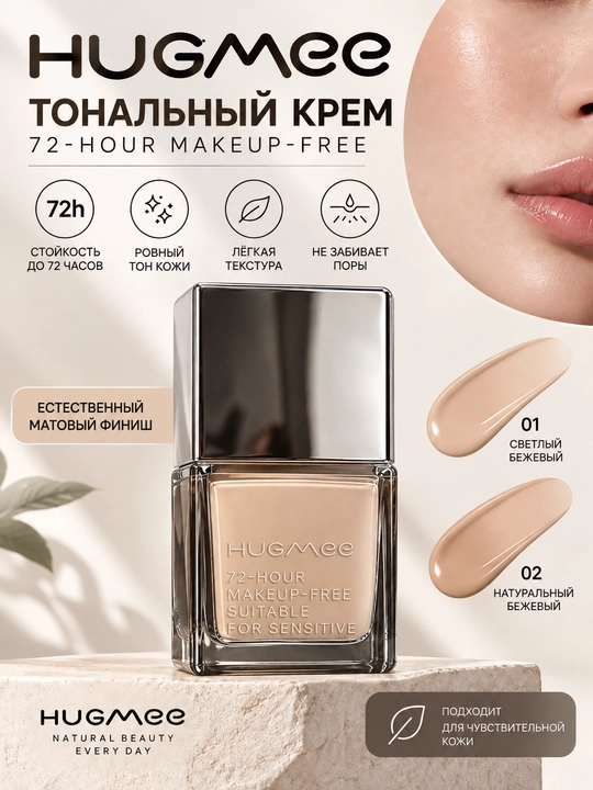 Тональный крем HUGMEE 72-HOUR MAKEUP-FREE, натуральный матовый финиш, оттенки 01–02 - 