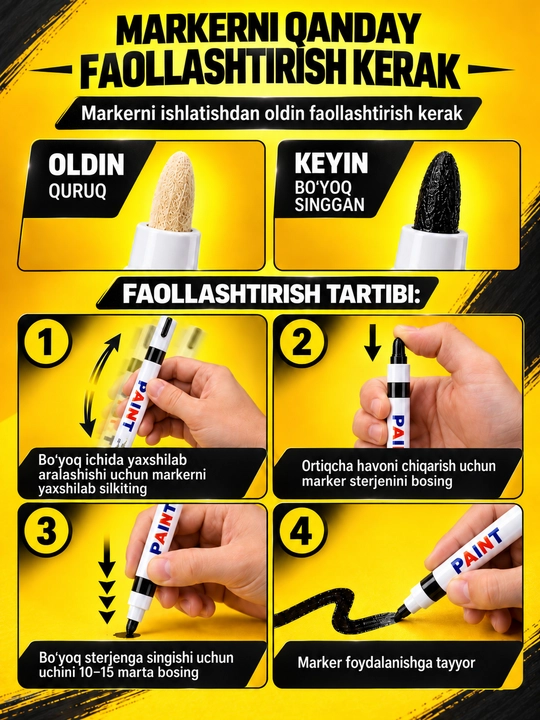 Marker-bo‘yoq, suvga chidamli, turli yuzalar uchun