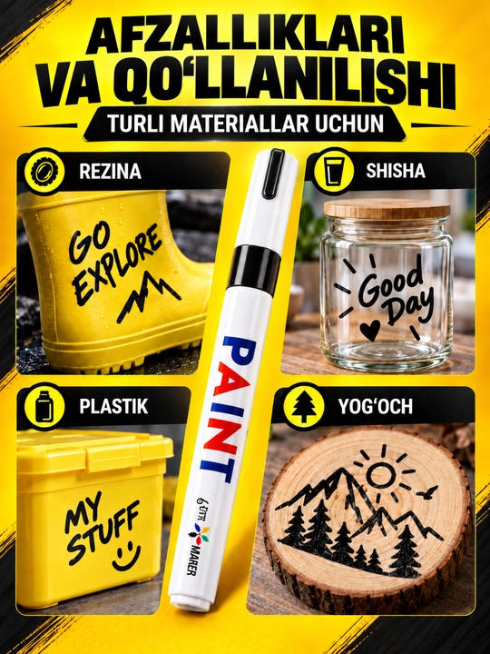 Marker-bo‘yoq, suvga chidamli, turli yuzalar uchun