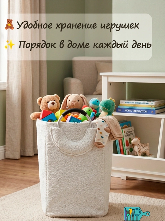 O‘yinchoq va kir kiyimlar uchun yig‘iluvchan matoli savat-organayzer, uy uchun