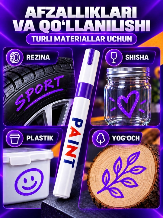 Marker-bo‘yoq, suvga chidamli, turli yuzalar uchun