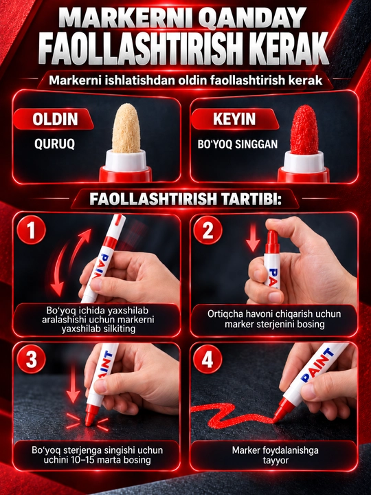 Marker-bo‘yoq, suvga chidamli, turli yuzalar uchun