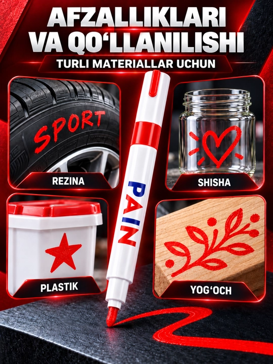 Marker-bo‘yoq, suvga chidamli, turli yuzalar uchun