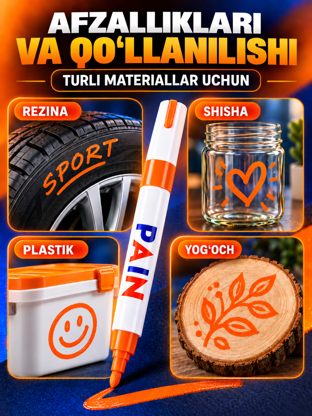 Marker-bo‘yoq, suvga chidamli, turli yuzalar uchun