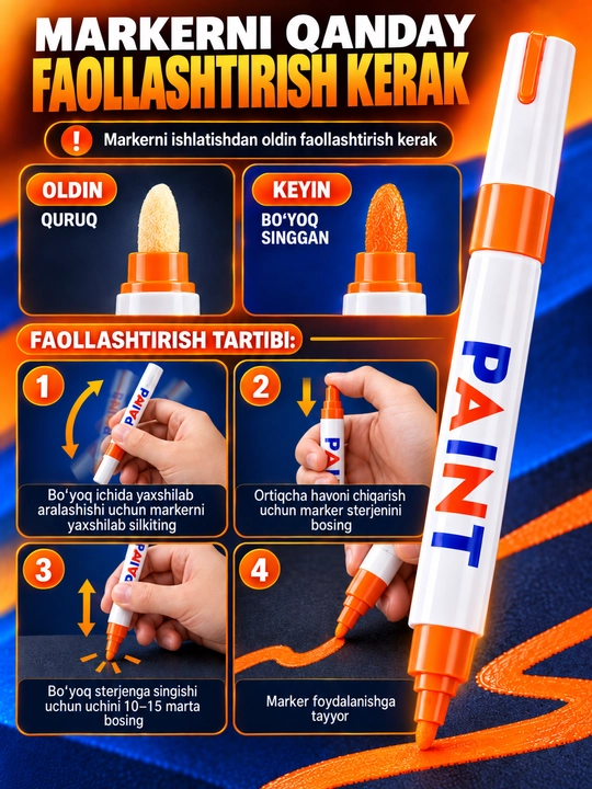 Marker-bo‘yoq, suvga chidamli, turli yuzalar uchun