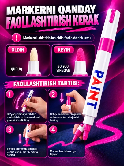 Marker-bo‘yoq, suvga chidamli, turli yuzalar uchun