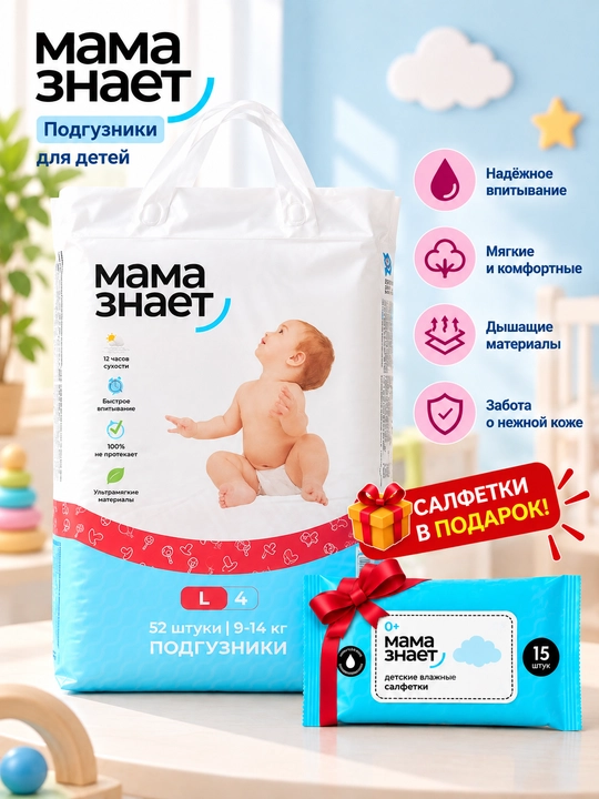 Mama Znayet bolalar tagliklari — yumshoq va qulay, har bir qadoqqa salfetka sovg‘a  - 