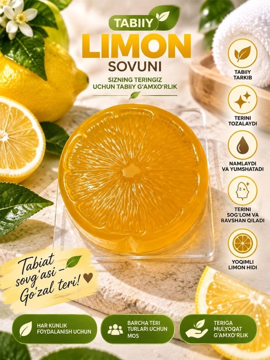 Лимонное натуральное мыло Lemon, ручной работы, для лица и тела, ароматное - 