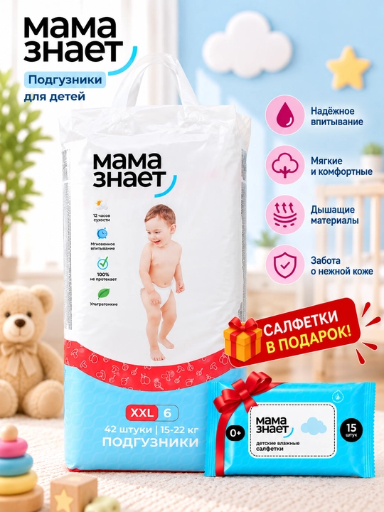 Mama Znayet bolalar tagliklari — yumshoq va qulay, har bir qadoqqa salfetka sovg‘a  - 