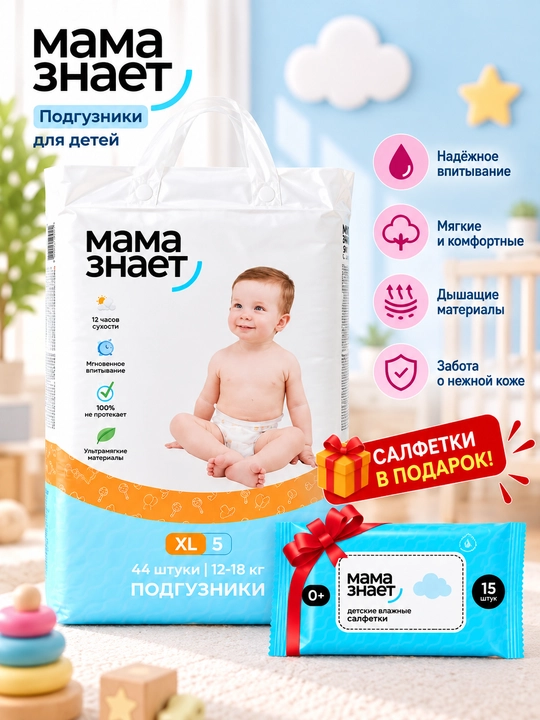Mama Znayet bolalar tagliklari — yumshoq va qulay, har bir qadoqqa salfetka sovg‘a  - 