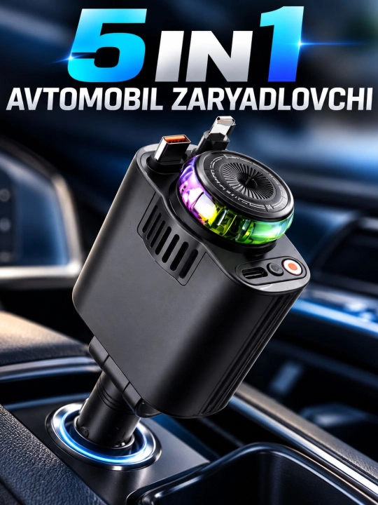 Avtomobil uchun 5-in-1 zaryadlovchi, USB va Type-C, LED yoritgich, tez zaryadlash