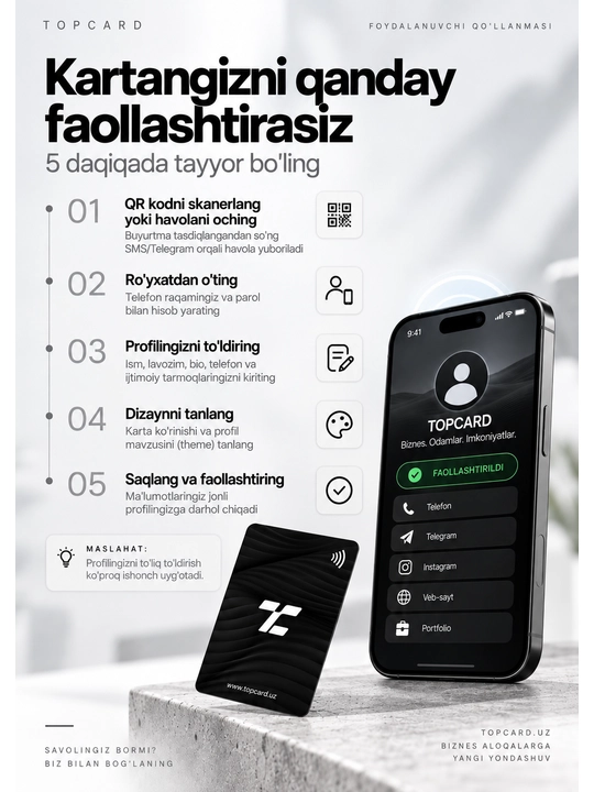 NFC визитка TOPCARD Essential — электронная умная визитная карточка с личным профилем