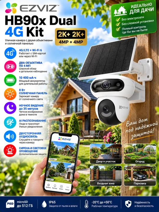 EZVIZ HB90x Dual 4G Kit — 4G + Wi-Fi 6, 2 объектива, солнечная панель