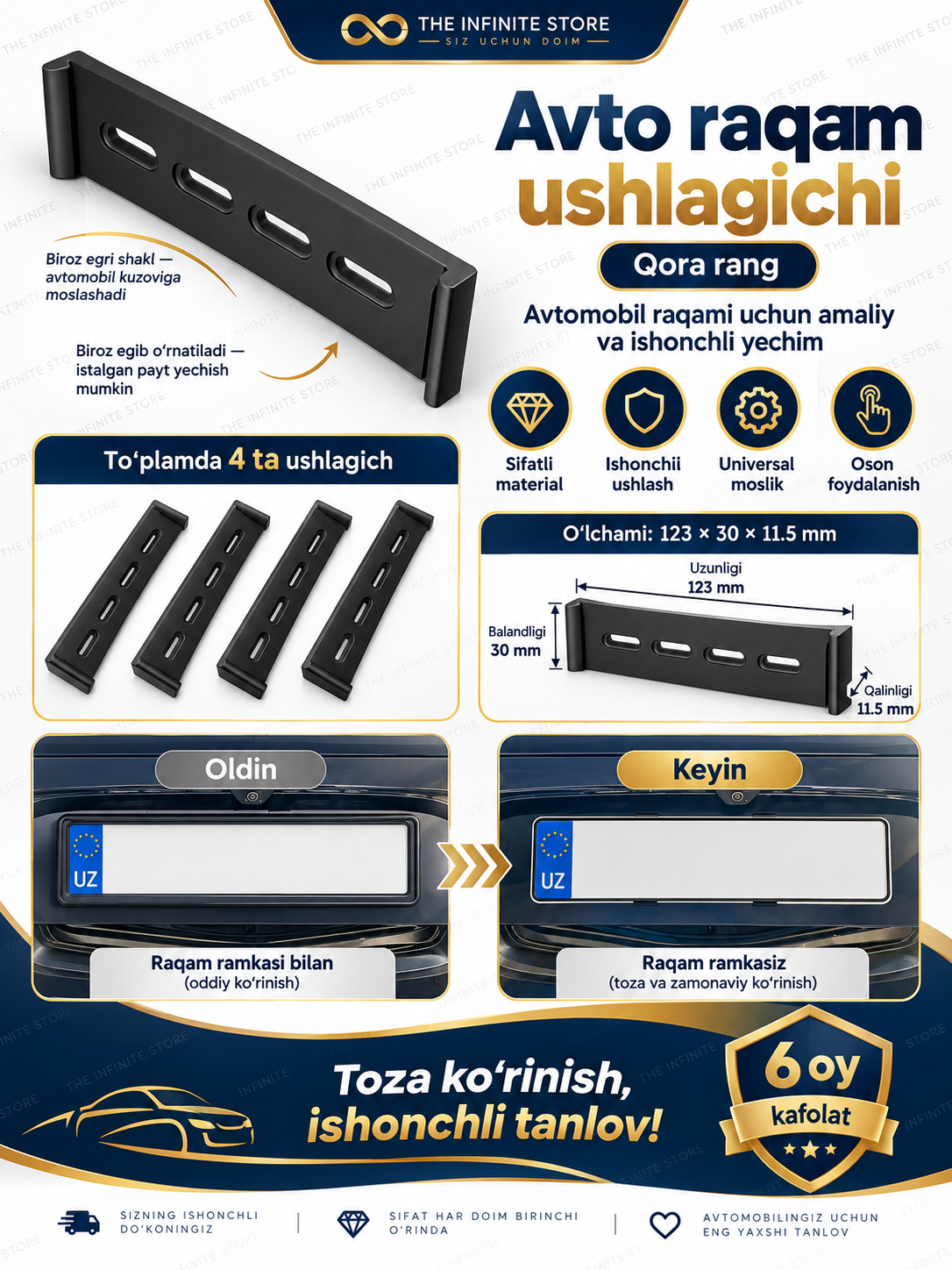 Avtomobil davlat raqami uchun ramkasiz ushlagich, universal qora, to‘plamda 4 dona bpltsiz