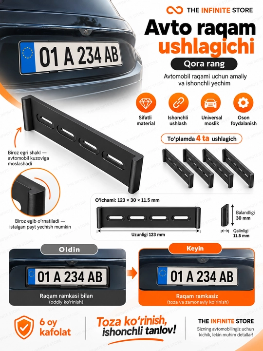 Avtomobil davlat raqami uchun ramkasiz ushlagich, universal qora, to‘plamda 4 dona bpltsiz