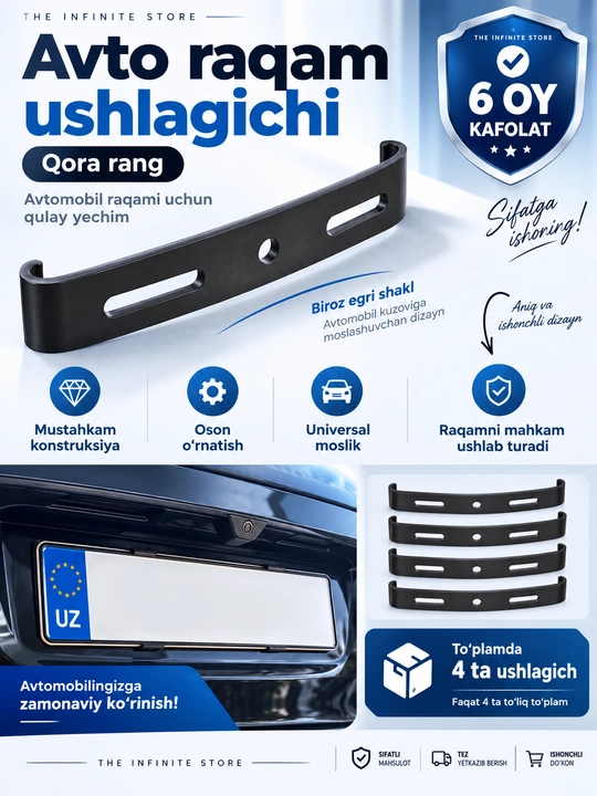 Avtomobil davlat raqami uchun ramkasiz ushlagich, universal qora, to‘plamda 4 dona bpltsiz