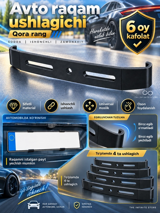 Avtomobil davlat raqami uchun ramkasiz ushlagich, universal qora, to‘plamda 4 dona bpltsiz - 