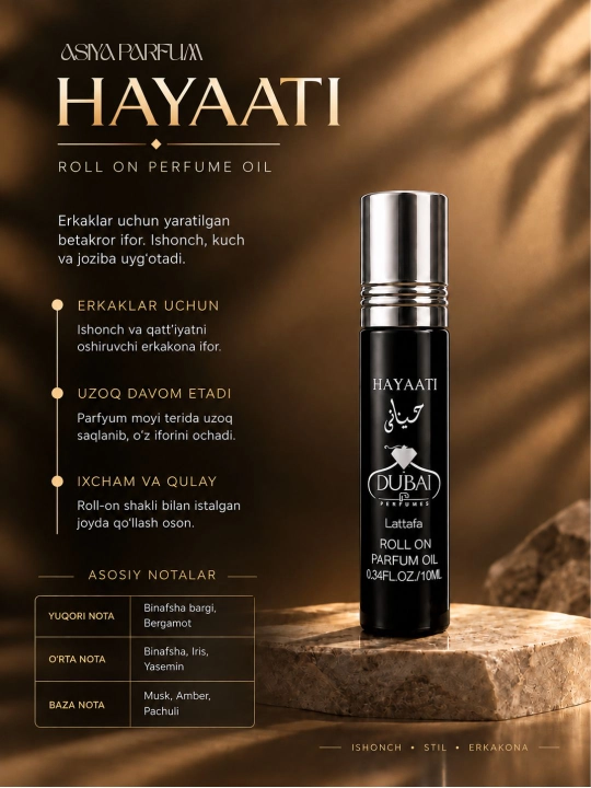 Hayaati - erkaklar uchun yog'li atiri xarizmatik va unutilmas ifor, sovg'a uchun, 10 ml