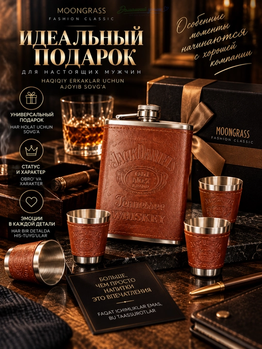 Erkaklar uchun sovg‘a to‘plami: 265 ml flyaga, 4 ta 35 ml stakancha va voronka