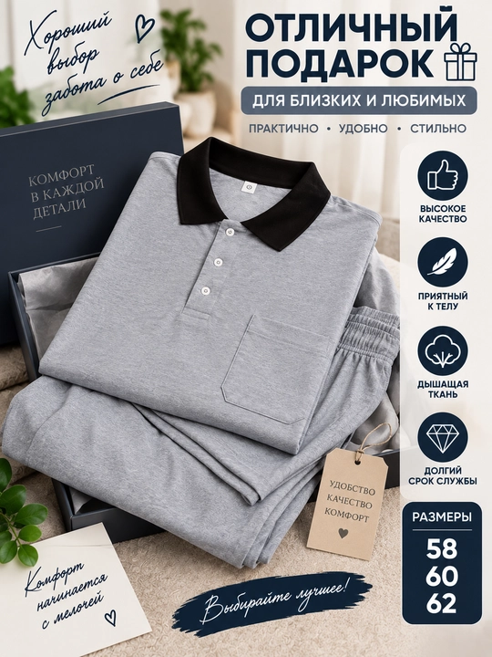 Erkaklar uy kostyumi katta o‘lcham 58 60 62, polo futbolka va shim, kulrang qulay komplekt