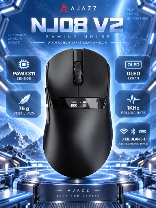 O‘yin Sichqonchasi AJAZZ NJ08 V2, Simsiz 2.4G, Bluetooth va Simli, 24000 DPI, RGB, 300mAh - 
