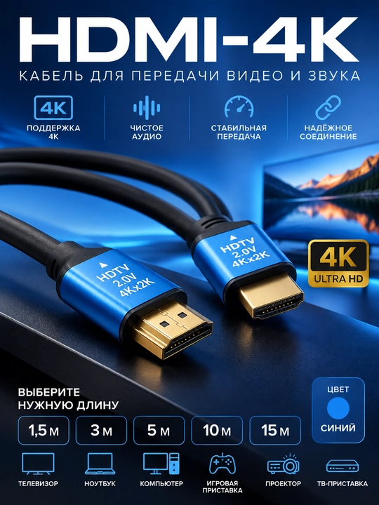 HDMI-4K — 4K uchun HDMI kabel, ko‘k rang, 1,5 m / 3 m / 5 m / 10 m / 15 m - 