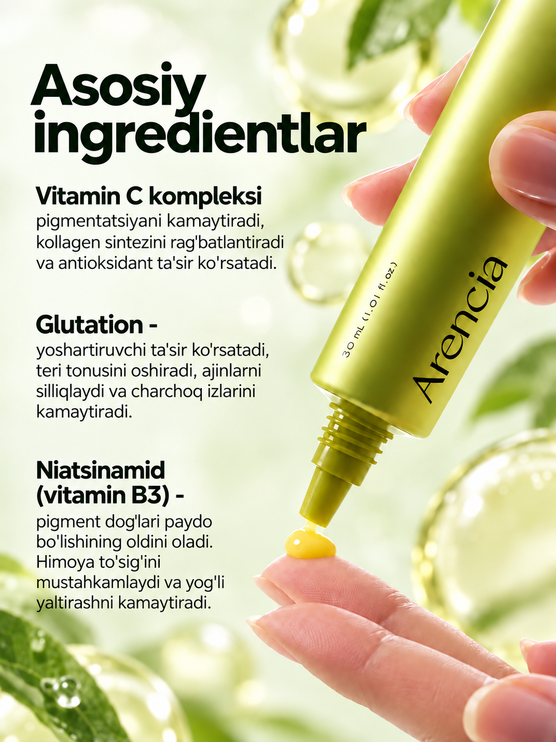 Arencia C vitamini, retinal, PDRN, NAD va glikol kislotasi bilan kuchaytiruvchi zardob, 30 ml