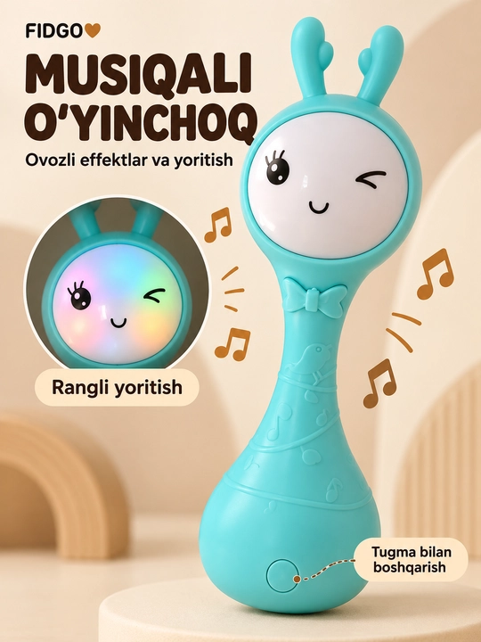 FIDGO bolalar uchun musiqali shaqildoq, yorug‘lik va ovozli effektlar bilan - 