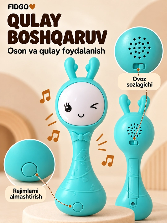 FIDGO bolalar uchun musiqali shaqildoq, yorug‘lik va ovozli effektlar bilan