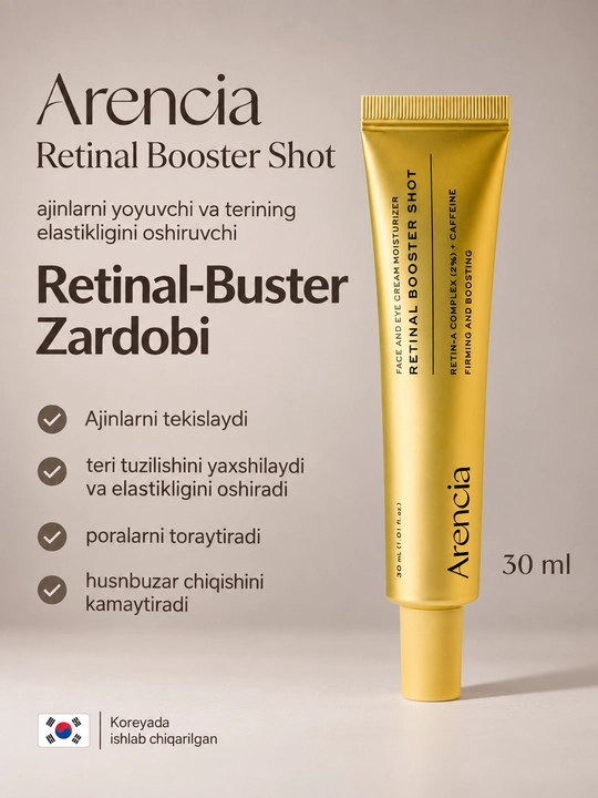 Arencia C vitamini, retinal, PDRN, NAD va glikol kislotasi bilan kuchaytiruvchi zardob, 30 ml