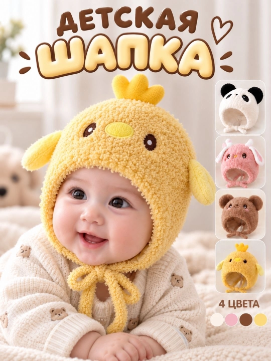 Детская шапка с ушками и завязками, плюшевая шапочка для малышей, 4 дизайна - 