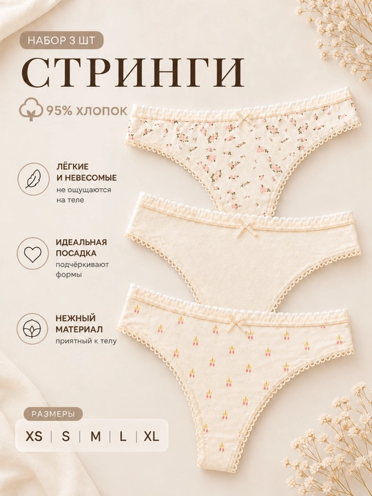 Трусы женские, стринги, хлопок, набор 3шт, женское нижнее белье - 