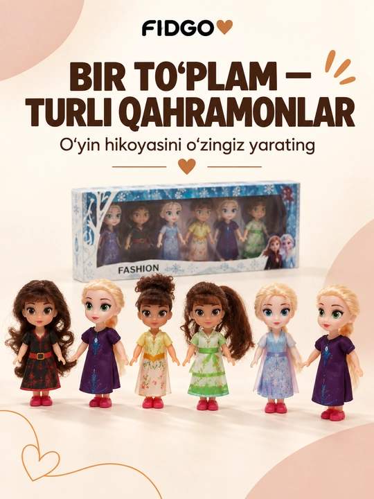 Kiyim-kechak va aksessuarlar bilan FIDGO qo‘g‘irchoqlari, kiyim almashtirish uchun o‘yin to‘plamlari