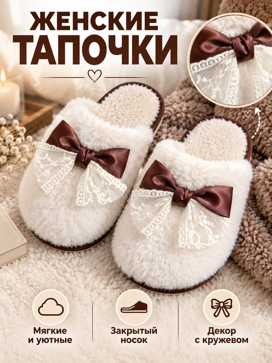 Женские домашние тапочки меховые, домашние тапочки меховые, мягкие тапочки, тёплые тапочки - 