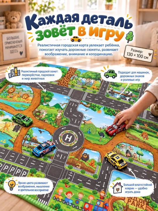 Детский игровой коврик Город с дорогами для машинок, развивающий, 130×100 см