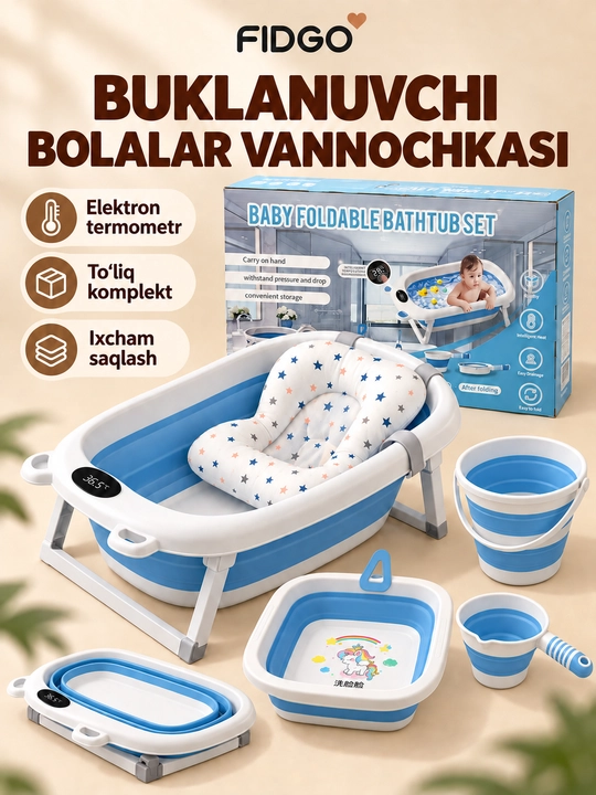Termometr va cho‘milish uchun yumshoq vkladishli FIDGO bolalar yig‘ma vannasi - 