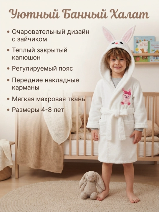 Для девочек мягкий хлопковый махровый халат после ванны, зайчик