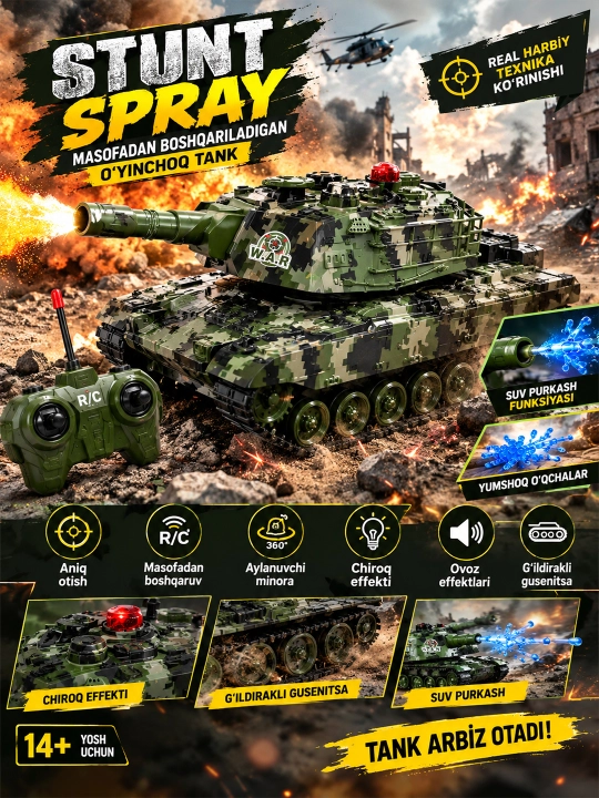 Tank o‘yinchoq, orbiz otuvchi tank, orbiz otadigan tank, harbiy tank o‘yinchoq, bolalar - 