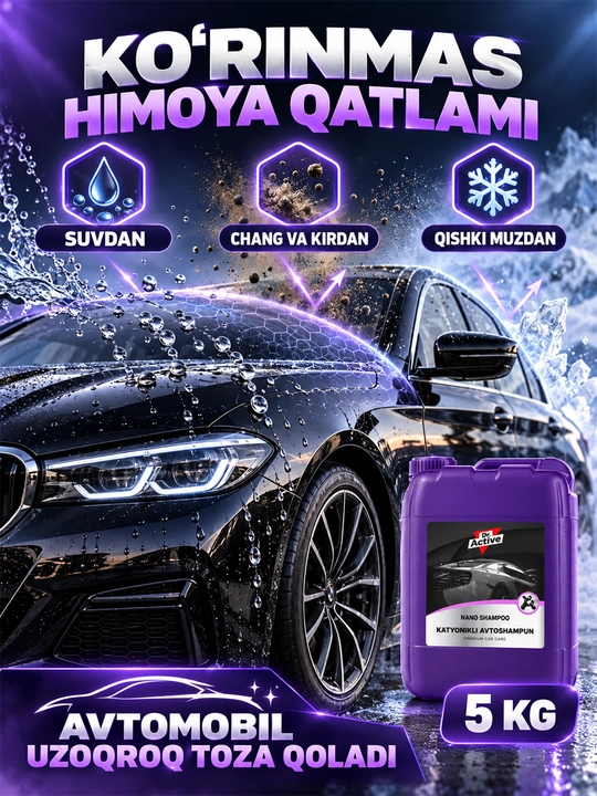 Dr.Active Nano Shampoo kationli avto shampun — qo‘lda yuvish uchun konsentrat, 5 kg