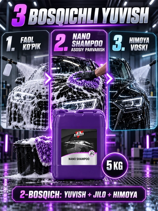Dr.Active Nano Shampoo kationli avto shampun — qo‘lda yuvish uchun konsentrat, 5 kg