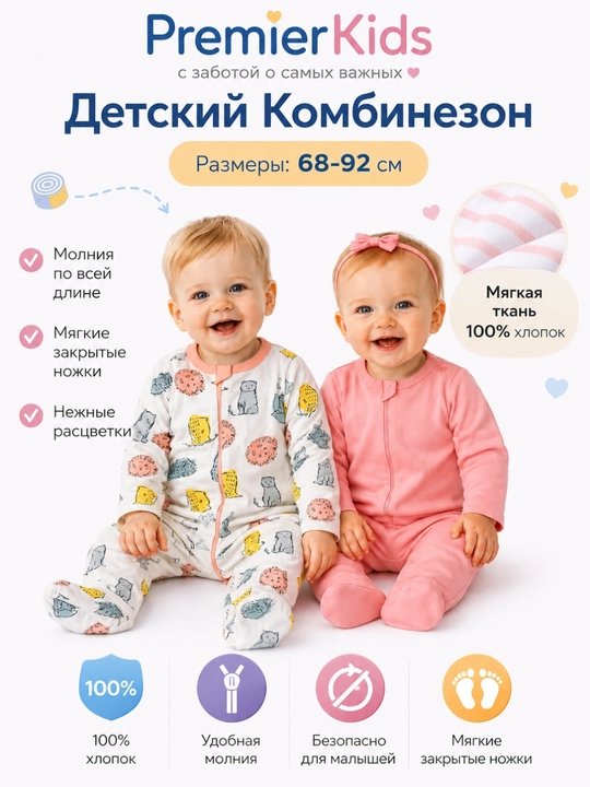 Kombinezon bolalar uchun, 2 dona, 100% paxta - 