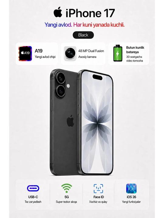 Смартфон Apple iPhone 17 256 ГБ (eSIM), Black - 